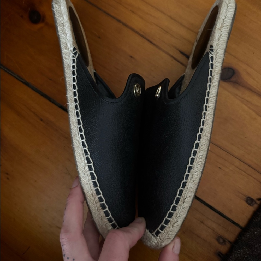 Michael Kors Black Leather Slip-On Espadrille Slides with Gold MK Accent - Picture 4 of 8